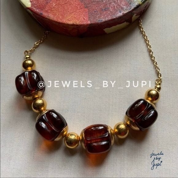 Handmade Upcycled Brown Plexiglass Beads Gold Plated Chain Necklace - Picture 1 of 5